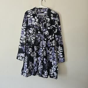 Anthropologie Women Black Purple Floral Long Sleeve Mini Corset Shirt Dress 14
